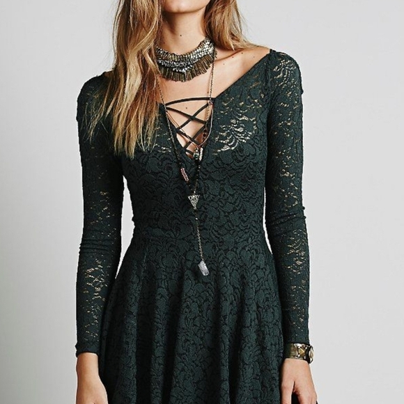Free People Green V-Neck Fit and Flare Long Sleeve Dress - Picture 1 of 7